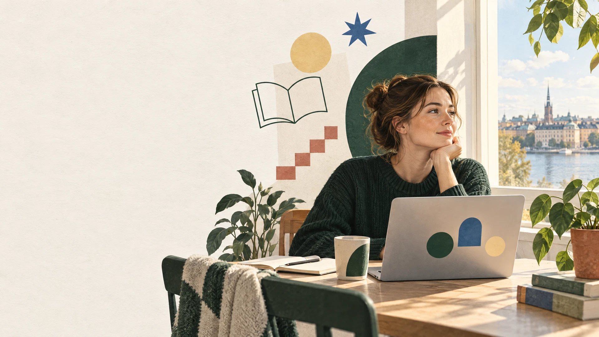 Illustration av en person som studerar hemma vid ett solbelyst skrivbord